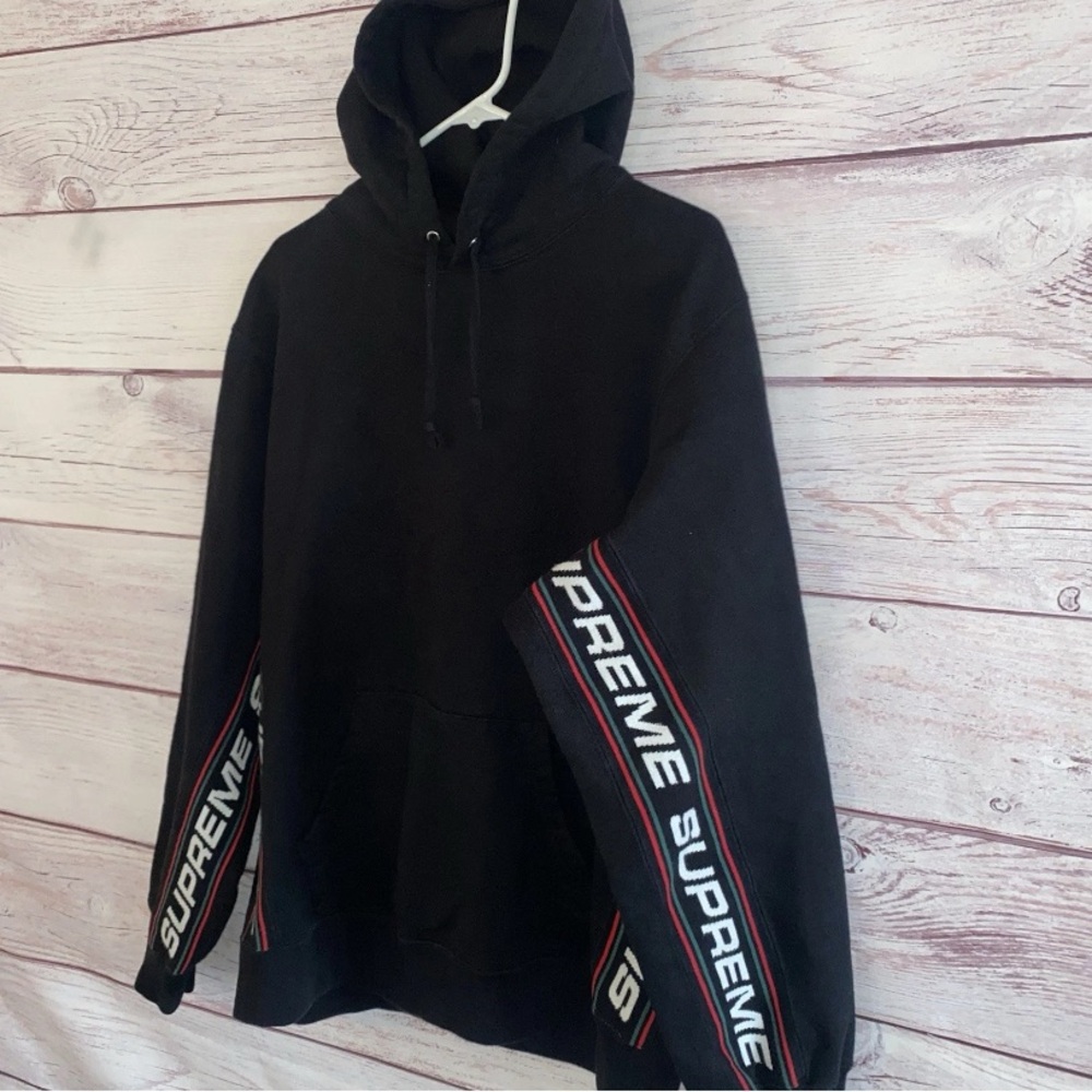 Supreme Black Hoodie Sleeve Logo Stripe Large Streetwear Pullover - Picture 4 of 12